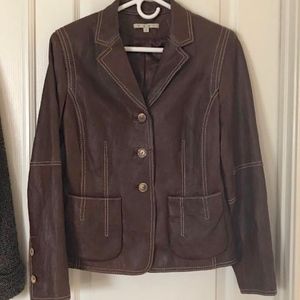 CABI Brown Leather Top Stitched Blazer Jacket